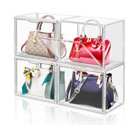 LINYAPRY Lot de 4 boîtes de rangement empilables en plastique transparent pour placard, vitrine en acrylique pour sac à main et sac à main, livre, jouets