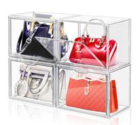 LINYAPRY Lot de 4 boîtes de rangement en plastique transparent pour sac à main et sac à main, boîtes de rangement empilables avec porte magnétique pour pochette, portefeuille, jouets, chapeaux