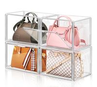 LINYAPRY Lot de 4 grandes boîtes de rangement empilables en plastique transparent pour sac à main, sac à main, boîte de rangement empilable avec porte magnétique pour sac à main, pochette,