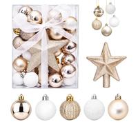 LINYIJOY Lot de 30 boules de Noël - 3 cm - Or et blanc - Mini boules de Noël en plastique avec pointe en étoile - 11 x 9,5 cm - Brillant mat à paillettes - Petites boules de Noël pour sapin de Noël