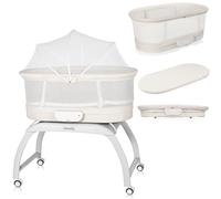 LIONELO Coral 3 en 1 Lit Bébé jusqu'à 9 kg, Berceau, Pèse-bébé, 5 Vitesses de Balancement, 12 Mélodies 4 roulettes Matelas Ergonomique Minuterie Télécommande Moustiquaire
