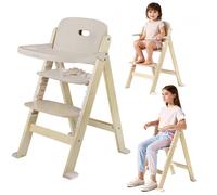 LIONELO Floris Chaise haute bébé de 6 mois à 40 kg, Repose-pieds réglable, Plateau, Ceintures de sécurité, Construction en bouleau - Beige