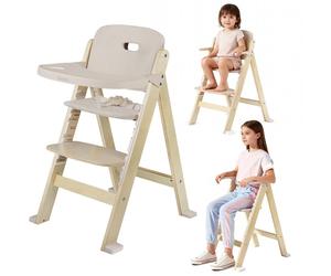LIONELO Floris Chaise haute bébé de 6 mois à 40 kg, Repose-pieds réglable, Plateau, Ceintures de sécurité, Construction en bouleau - Beige