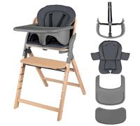 Lionelo Megan Chaise Haute Bébé Évolutive en Bois, 6 Mois à 110 kg | Siège 3 niveaux, repose-pieds 5 niveaux, harnais 5 points, coussin lavable, insert silicone lave-vaisselle, Gris