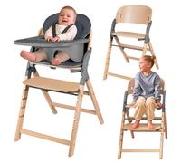 LIONELO Megan Chaise haute en bois, évolutive de 6 mois à 110 kg, repose-pieds réglable, harnais 5 points, coussin d'assise, facile à nettoyer - Gris