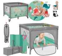 LIONELO Parc Mille Plus jusqu'à 15 kg, 6-36 mois, avec matelas mousse, set de jouets colorés et sac de transport pratique - Vert