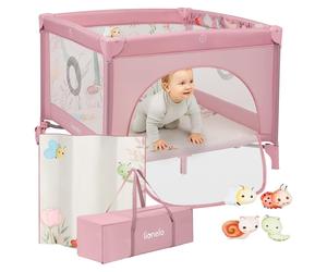 LIONELO Parc Mille Plus jusqu'à 15 kg, 6-36 mois, avec matelas mousse, set de jouets colorés et sac de transport pratique - Rose