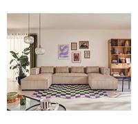 Lisa design – Canapé panoramique en U Stella – 7 places – Velours côtelé grosses côtes – Beige