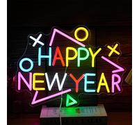 LISIGNVE Panneau néon multicolore « Happy New Year » - 30,5 x 40,6 cm - Acrylique - PVC - À suspendre - Alimenté par USB - Intensité variable - Pour la maison, les fêtes, le bureau
