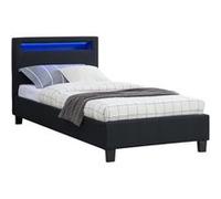 Lit LED simple 90x190 cm avec sommier, tête de lit confortable, lit 1 place revêtement en tissu noir, MOLINA