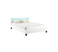 Lit LED double 140x190 cm avec sommier, tête de lit confortable, lit 1 place revêtement synthétique blanc, PINOT