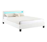 Lit LED double 140x190 cm avec sommier, tête de lit confortable, lit 1 place revêtement synthétique blanc, PINOT