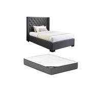 Lit 120 x 200 cm avec tête de lit capitonnée - Tissu - Gris + Matelas - MASSIMO