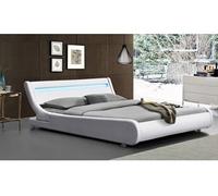 Lit 120x190 - Sommier avec Tête de Lit Eclairage LED Incurve Blanc - Pieds 5 cm - 13 Lattes - Revêtement PVC Simili Facile Entretien - Montage Rapide