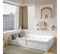 Lit 120x200 cm en bois massif avec barrière anti-chute, motifs lune & étoiles, peinture à l’eau adaptée aux enfants – Sécurité & design rêveur