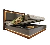 Lit 140/200 cm gris et noyer en lin avec LED et coffre hydraulique