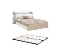 Vente-unique - Lit 140 x 190/200 cm avec 4 tiroirs - Coloris : Naturel et Blanc + Sommier - TILONIDE