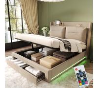 Lit 140 x 190 avec bandes lumineuses LED encastrées des deux côtés du, Lit Double Coffre 140 x 190 avectiroirs de rangement 2 en 1 en bout de, Cadre de Rembourré en Velours Beige(Sans Matelas)