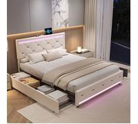 Lit 140 x 190 avec sommier, Lit 2 Personnes avec 4 Tiroirs,Lit Double Rembourré avec LED et USB, à Lattes en Bois, en Velours,Beige