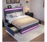 Lit 140 x 190 cm avec rangement lit double lit adulte 140x190 cm avec lumières LED port de chargement 4 tiroirs lin gris foncé
