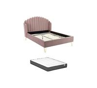 Lit 140 x 190 cm avec tête de lit ondulée - Velours - Vieux rose + Matelas - SAGALI