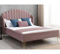 Lit 140 x 190 cm avec tête de lit ondulée - Velours - Vieux rose + Matelas - SAGALI