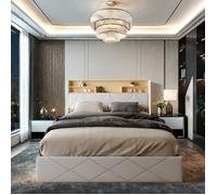 Lit 140 x 200 avec Sommier Coffre, Lit 2 Personnes avec Rangement, Tête de Lits Capitonnée avec Étagère Ouvertes, LED et USB，blanc
