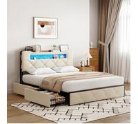 Lit 140 x 200 avec sommier,lit 2 Personnes avec tiroirs,LED,multiprise,cadre de lit 140 x 200 avec sommier en métal,beige velours