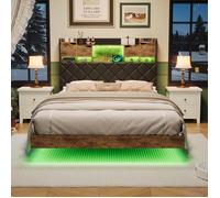Lit 140 x 200 cm avec Sommier en Métal,cadre de lit 140x200 avec tête de lit de rangement,LED et USB,lit double,Lits Flottant,noir