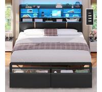 Lit 140x190 avec Multiprise et Éclairage LED, Cadre de Lit avec Sommier à Lattes Métal avec 6 Compartiments Ouverts, 2 Grands Tiroirs et Rangement sous Lits, Tête de Lits Capitonnée en PU Noir