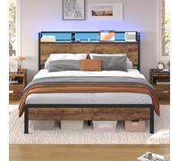 Lit 140x190 avec Sommier et Rangement, Cadre de Lit 140x190 en Métal avec Éclairage LED Réglable et Multiprise, Tête de Lits avec Panneau Perforé, Lits Double Style Industriel Marron Rustique