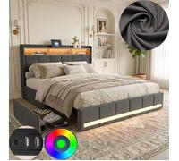 Lit 140x190 avec tiroirs - COZY - lit double 140x190 cm - cadre de lit 140x190 cm - 4 tiroir - LED ET USB - tissu en lin - gris