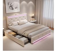 Lit 140x190 cm, 2HXF, USB, LED, Scandinave, lit adulte, cadre de lit double 140x190 cm, Velours, Beige