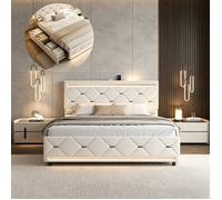 Lit 140x190 cm, 4 tiroirs, sommier à lattes, avec LED et USB, tissu en velours, beige