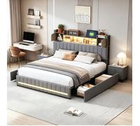 Lit 140x190 cm, 4 tiroirs, sommier à lattes, cadre de lit double 140x190 avec rangement, LED et ports USB, tissu en lin, gris