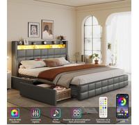 Lit 140x190 CM avec 4 Tiroirs - avec LED et USB - Lit Coffre avec Rangement - 2 Personnes - en Métal - Gris - PU