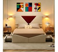 Lit 140x190 cm avec 4 Tiroirs, Lit Capitonné, Tête de Lit en Velours, Lit Coffre avec Rangement, Lit Adulte pour 2 Personne, Beige