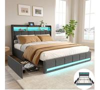 Lit 140x190 cm avec LED et 4 tiroirs, lit adulte avec chargement USB, lit double, lit 2 personnes, sommier à lattes, Lin, Gris
