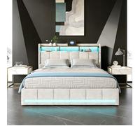 Lit 140x190 cm, avec LED et 4 tiroirs, lit double, lit capitonné, avec sommier à lattes, tete de lit, USB, tissu en lin, beige