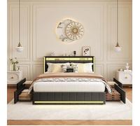 Lit 140x190 cm avec LED - Lit double adulte rembourré avec USB et Type-C 4 tiroirs de rangement sommier à lattes - gris