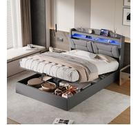 Lit 140x190 CM avec Sommier, cadre de lit coffre 140x190 cm avec LED et USB, Cadre de Lit, lit adulte 2 Personnes, tissu en