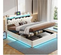 Lit 140x190 cm avec sommier, Lit coffre 140x190 cm, Lit rembourre avec LED et USB, Cadre de lit adulte, Lit 2 personnes, Rangement