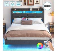 Lit 140x190 cm avec Sommier - NHHF - avec LED et USB - Lit Flottant 2 Personnes - Tête de Lit Rembourrée avec Rangement - Gris