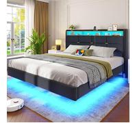 Lit 140x190 cm avec Sommier - NHHF - Lit Adulte 2 Personnes avec Rangement - Lit Flottant avec LED - Prise Intégrée - Gris
