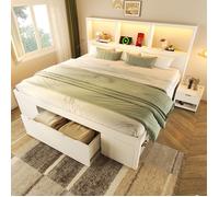Lit - 140x190 cm - Bois - Rangements intégrés (tiroirs) - LED intégrée & USB-C