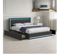 Lit 140x190 cm - Double avec rangement - LED - Tissu lin gris anthracite - 2 places