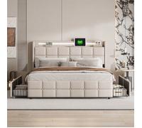 Lit 140x190 cm et 4 Tiroirs - Lit Double 140x190cm avec Éclairage LED, Prises EU, Ports USB - Cadre de Lit Rangement - Lin Beige