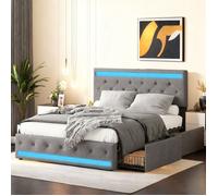 Lit 140x190 cm - LED - Cadre de Lit en 4 tiroirs - tissu en velours - Blanc