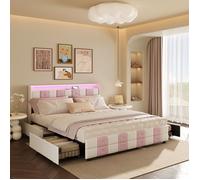 Lit 140x190 cm - Lit double en tissu velours avec 4 tiroirs et LED, sommier à lattes et tête de lit - conception de bouton - Rose