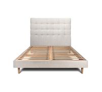 Lit 140x190 cm - SOMMEIL DE PLOMB - Tête de lit capitonnée bouclette H29cm - Sommier tapissier kit - Beige - Bois massif